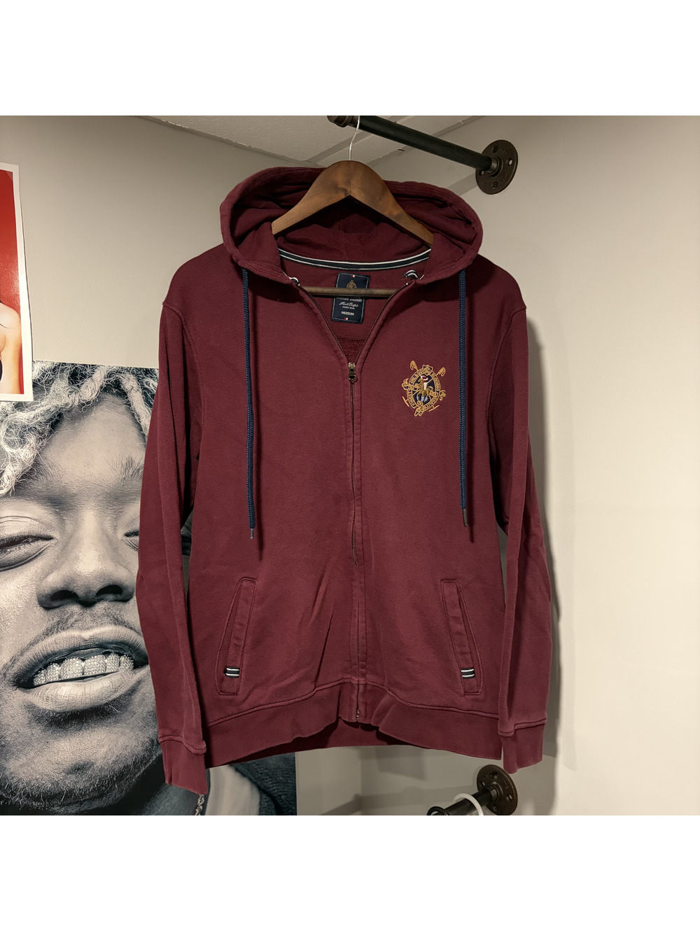 Charcoal Burgundy Medium Zip-Up Hoodie with Hood and Front P